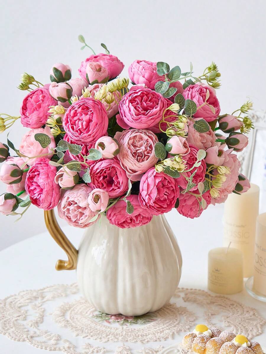 1 pieza/3 piezas Ramo de flores de peonía artificial, ramo de rosas falsas, ramo de flores exquisito, peonía de seda, adecuado para decoración del hogar, fiesta, boda, centro de mesa nupcial, decoración del Día de San Valentín, regalo de cumpleaños, ceremonia de graduación y talla grande ocasiones. - Rosa - Ver 1