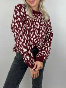Women's Autumn Loose Sweater Leopard Pattern Long Sleeve Round Neck Knitwear Pullover - Burgundy - View 4
