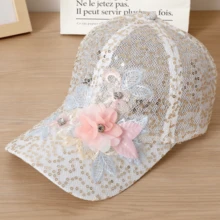 蕾丝帽女刺绣花朵网眼透气棒球帽韩版防晒帽子送女友礼物情人节礼物约会用品 - 彩色 - 查看 6
