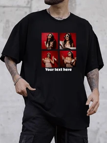 Customized Personalized Loose Round-Neck Comfortable Casual Men's T-Shirt ﻿With Graphic Design, Personalize With Your Own Photo And You Text/Logo For Couples, Family, Pets, Gifts, A Custom T-Shirt, Sports Style, Upload Four Pictures, Four-Palace Couple T-Shirt Custom