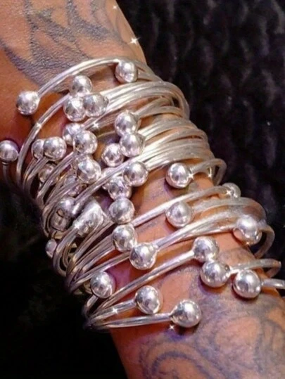 Bộ 5/10 chiếc vòng tay bản to phong cách Boho cổ điển, vòng tay bạc hình cầu 10mm, vòng tay nhiều lớp phong cách Boho, vòng tay bạc thủ công dành cho nam và nữ, quà tặng trang sức hàng ngày và ngày lễ.