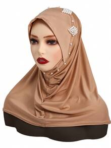 1pc Women's Convenient Full Coverage Hijab With Rhinestone Pearls, Luxury For Holiday Celebration - Multicolor - View 2