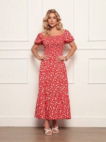 Long Dress With Puffed Sleeves Elastex Print - Red - View 1