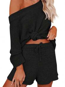 Saodimallsu Women's 2 Piece Outfits Sweater Sets Off Shoulder Knit Top Shorts Matching Suits Cute Pajama Lounge Set - 黑色 - 查看 2