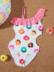 Traje de baño de una pieza para niña preadolescente con estampado de rosquillas y cintura hueca - Multicolor - Ver 1
