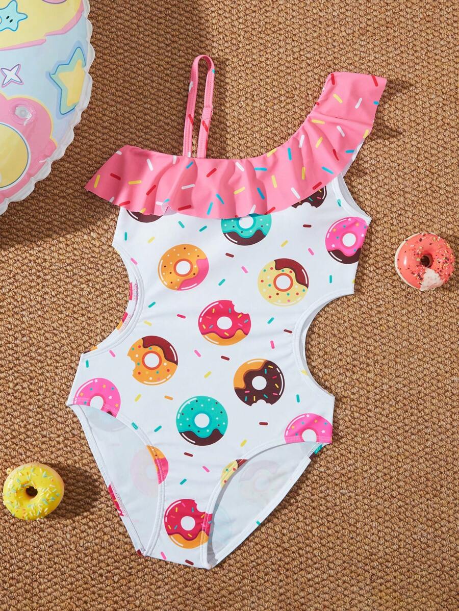 Traje de baño de una pieza para niña preadolescente con estampado de rosquillas y cintura hueca - Multicolor - Ver 1