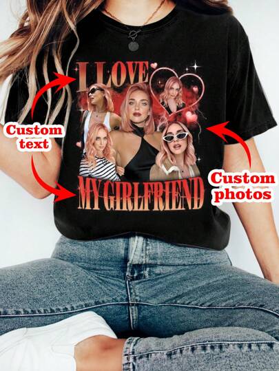 Personalized Clothing, Customized Photo Shirt, Customized Gift, Customize Your Favorite Celebrity Photo, Gift For Girlfriend/Wife, Valentine's Day Gift, Plus Size Loose Shirt, Customize Face, Customize Women's T-Shirt - Add Your Own Text And Images (Family Photos/Selfies/Pet Photos/Friend Photos) To Design Your Personalized Printed T-Shirt,Customized Women Tops,Pre-Fall,Delicate Romance, Utilitarian Chic, Fall New Style Women, Graphic Print