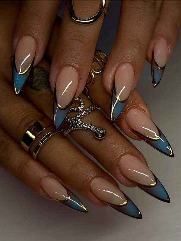 24pcs French Press-On Nail Tips, Minimalist Gold Striping, Ombre, Fashion-Forward For Business, Parties, Events, Daily Wear - Includes 1 Buffer & 1 Gel Nail Press On Nails