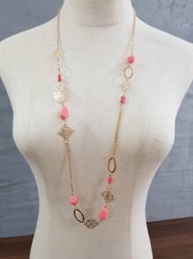 1pc Elegant Geometric Acrylic Bead Hollow Iron Plate Long Necklace, Bohemian Style, Multi-Color, Versatile For Women's Daily Wear