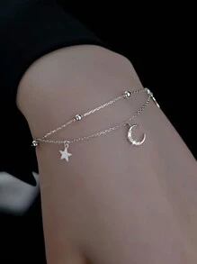 Sterling Silver Double Layer Sweet Star And Moon Bracelet Female Mori Style Fresh Rhinestone Elegant Light Luxury Hand Jewelry