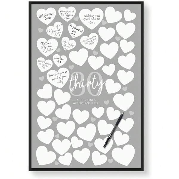 1 Piece 30th 40th 50th 60th Birthday Party Grey Signature Board, Suitable For Women Or Men, Birthday Blessings Alternative To Guest Signatures - Heart-Shaped Blank Spaces To Sign "Happy Birthday!" | Express Your Best Wishes, Men, Women, Birthday Sign Decor, Wall Art Poster, Canvas (Unframed) Gifts Graduation