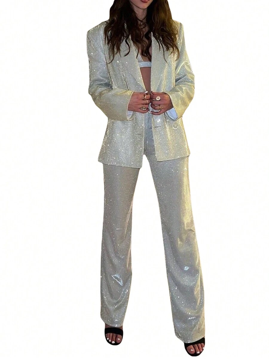 Women's Wide Leg Pants Shiny High Waist Solid Color Relaxed Fit Party Club Trousers