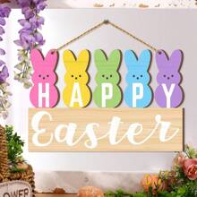1Pc Happy Easter Door Sign Easter Bunny Decor Wooden Wall Hanging Plaque Sign Easter Wreath Decorations For Farmhouse Spring Easter Theme Party Decor Home Front Door Porch Wall Decor