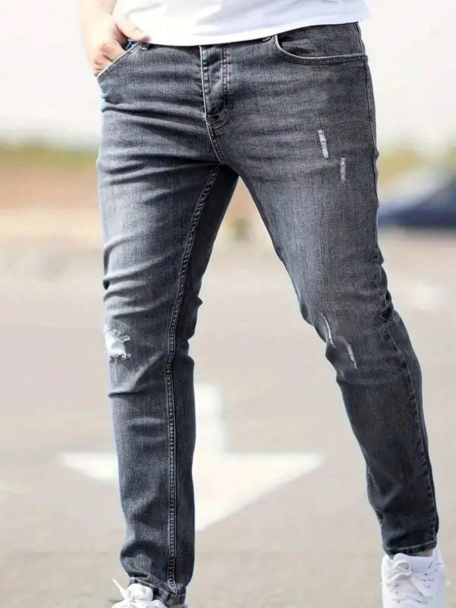 Vaqueros elásticos de pierna pequeña Slim para hombre - Gris - Ver 1