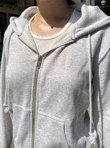 Women Zip Up Hoodies Solid Colors Loose Warm Fleece Long Sleeve Sweatshirt Jacket For Fall Streetwear - 淺灰色 - 查看 1