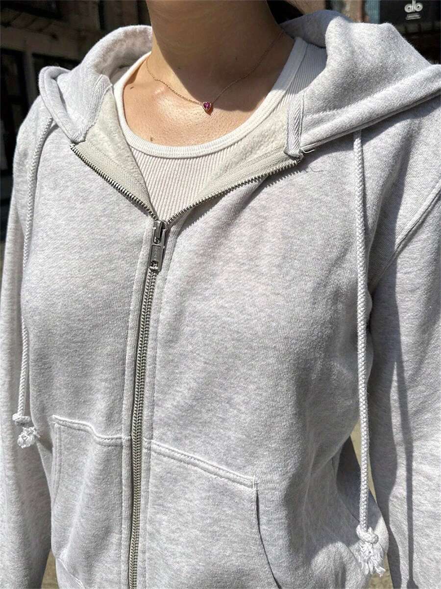 Women Zip Up Hoodies Solid Colors Loose Warm Fleece Long Sleeve Sweatshirt Jacket For Fall Streetwear - Màu Xám nhạt - Xem 1