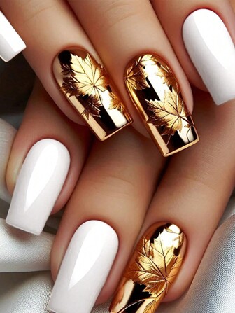 24片短方形按压指甲美甲套装，秋冬枫叶图案假指甲，时尚DIY指甲装饰美甲用品