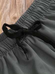 Men Summer Athletic Outfits, Color Splicing Drawstring Elastic-Waist Sports Running Shorts For Boys - Dark Grey - View 4