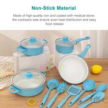 Juego de utensilios de cocina multifuncionales de 13 piezas, sartén antiadherente de cerámica saludable de agarre suave, juego de ollas de cocina de 13 piezas, juego para el hogar con tapa de vidrio templado, revestimiento antiadherente, conducción eficiente del calor, resistente y duradero, excelente sensación, variedad de ollas Los tipos satisfacen las necesidades diarias (azul, morado, rosa) - Azul - Ver 7