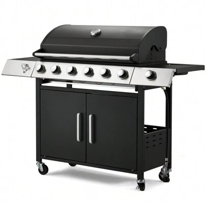6-Burner Propane Gas Grill With Side Burner & Cast Iron Grates, Lockable Universal Wheels, Barbecue Grill With 649 Square Inches Large Cooking Area, 60,000 BTU Output Camping Grill For Barbeque And Outdoor Cooking
