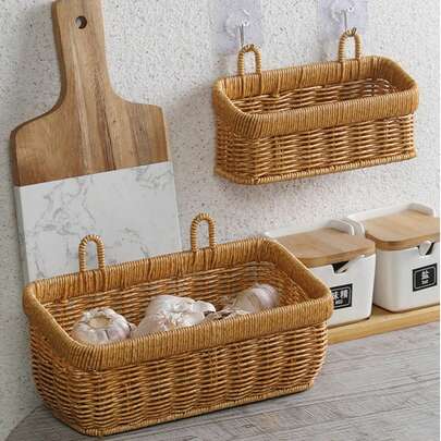 2 chiếc/1 chiếc Giỏ treo bằng mây đan cho nhà bếp, Giỏ đựng đồ đa năng đựng trái cây, bánh mì, đồ ăn nhẹ, đồ trang trí để bàn Giỏ mây thủ công treo tường