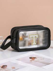 Bolsas de aseo con letra de la A a la Z, de moda y sencillas, tanto para hombres como para mujeres. Bolsas cosméticas impermeables y transparentes de tamaño de cuarto de galón para viajes, aptas para ambos sexos, se pueden llevar en avión y regalar como un regalo para tu novia, un neceser de maquillaje para viajar, un organizador de baño, útiles escolares - Negro - Ver 33