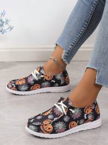 Damskie modne boho stylowe świąteczne dyniowe nadruki casualowe wsuwane buty - Czarne - Zobacz 13