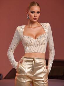 Women's Heavily Embellished Rhinestone Beaded Glamorous Party Cropped Long Sleeve Top - Apricot - View 2
