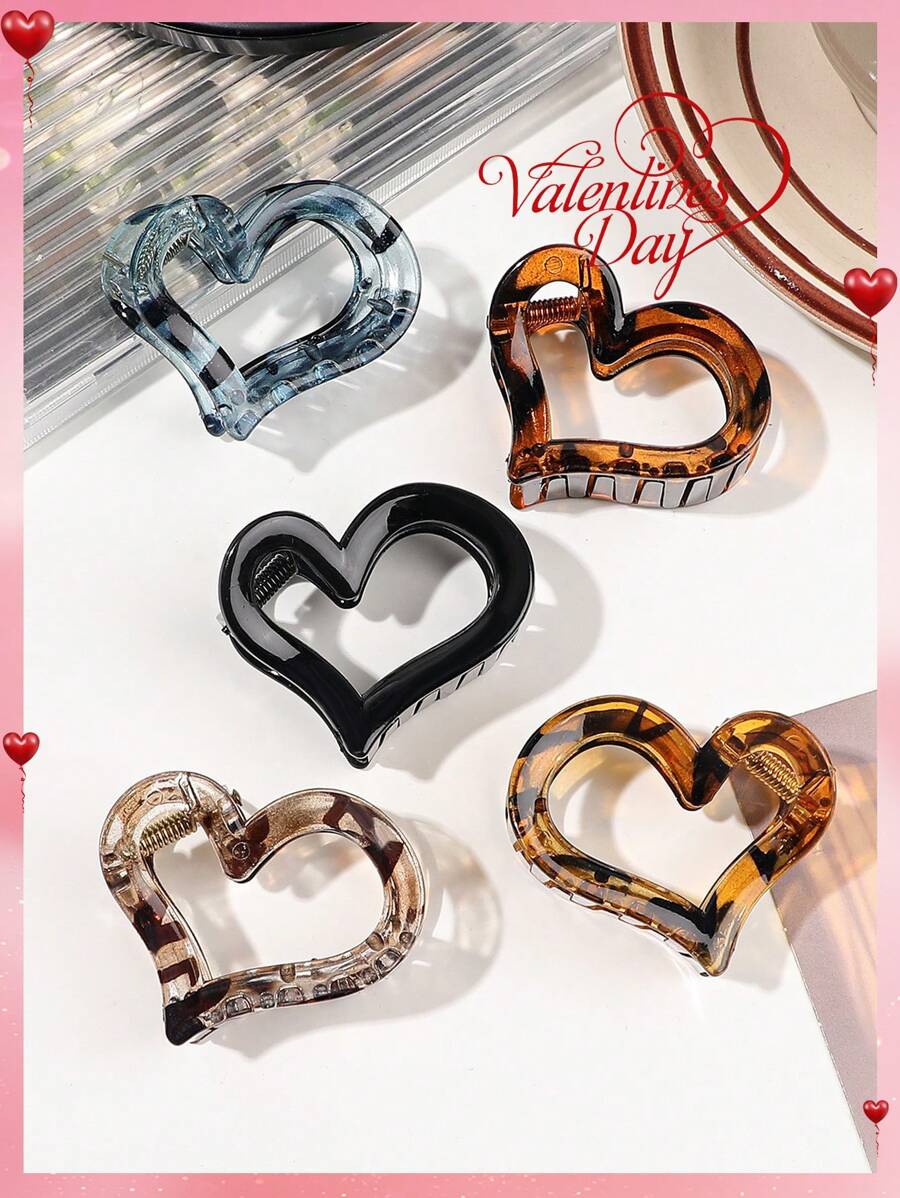 5 件心形镂空优雅豹纹果冻发夹，可爱马尾发夹套装，情人节礼物情人发爪发夹发夹发夹发夹发夹秋冬发饰女士度假装女士 - 彩色 - 查看 1