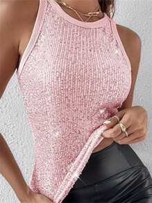 Women's Summer Slim Fit Vest Sleeveless Round Neck Sequins/Leopard Print Tank Tops - 粉色 - 查看 3
