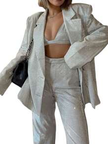 Women's Wide Leg Pants Shiny High Waist Solid Color Relaxed Fit Party Club Trousers