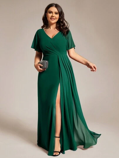 Plus Size Butterfly Sleeve V-Neck Ruched Formal Dress, Bridesmaid Dress For Weddings, Parties, Dark Green Spring Dresses, Valentine's Day Dresses