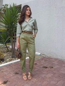 ISADORA MODA Women's Carrot Pants Twill, 2 Buttons, With Pockets, Solid Color() - Mint Green - View 1