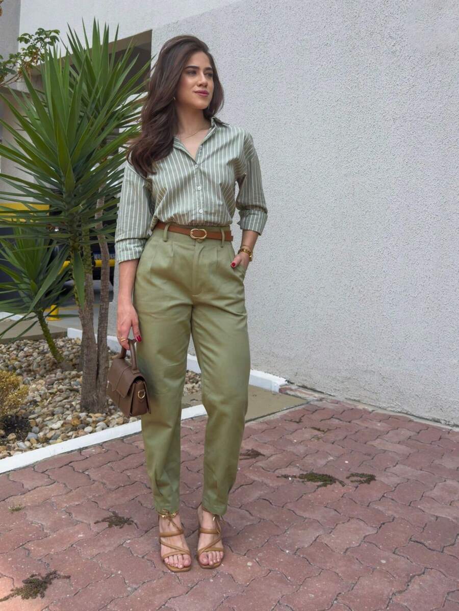 ISADORA MODA Women's Carrot Pants Twill, 2 Buttons, With Pockets, Solid Color() - Mint Green - View 1