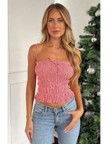 Plaid Strap Pleated Bow Halter Top - Red - View 2