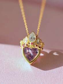 2pcs/Set Rapunzel Crown Rings Princess Ring Heart Necklace For Woman Fashion Wedding Jewelry Accessories Gold Plated Adjustable Rings Wedding Royal Tiaras - Gold - View 6