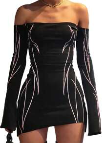 Womens Bodycon Mini Dress, Gothic Printed Off Shoulder Long Sleeve Black Club Dress - 黑色 - 查看 1