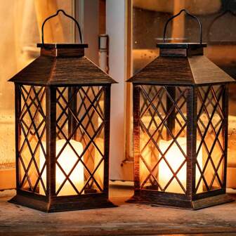 Solar Lanterns Outdoor Waterproof, Outdoor Lanterns For Patio Waterproof,14 Inch Waterproof LED Flickering Flameless Candle Mission Lights Garden Hanging Lanterns For Outdoor