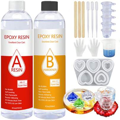 1:1 AB透明环氧树脂套装，17盎司/6.83盎司/3.42盎司 - 8小时快速固化，无气泡，是DIY艺术、珠宝、桌面装饰和工艺品的理想之选，耐刮擦，抗黄变，表面光滑，非常适合初学者。