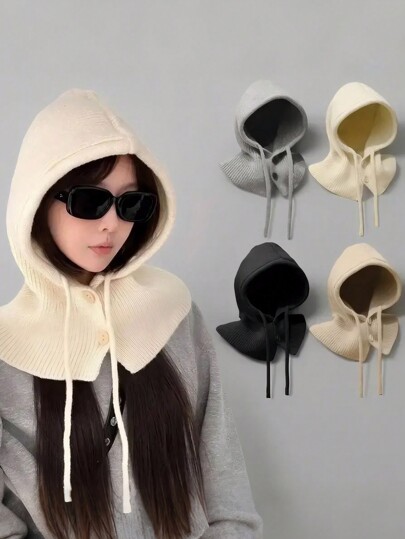 Winter Balaclava Hats For Women Unisex Knitted Hooded Caps Outdoor Warmer Drawstrng Hat One-Piece Neck Collar Beanies Caps