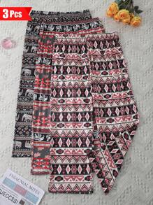 3pcs Plus Size Women Pajama Pants, Casual Drawstring Pants With Bohemian Elephant Print, Stretchy Knit Fabric, Comfortable For Lounging Or Outerwear, Vacation