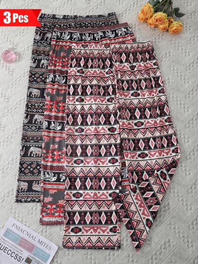 3件套加大码女式休闲舒适睡裤，波西米亚风大象印花，弹力针织面料，居家休闲或外穿皆宜，秋冬服装