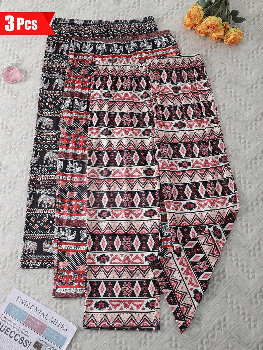 3pcs Plus Size Women Pajama Pants, Casual Drawstring Pants With Bohemian Elephant Print, Stretchy Knit Fabric, Comfortable For Lounging Or Outerwear, Vacation
