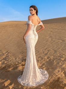 Faeriesty Haute Glamour Stunning Off-The-Shoulder Beaded Mermaid Gown With Adjustable Back Tie & Sequin Embellishments – Perfect For Red Carpet Events, Black-Tie Galas, Formal Dinners, Wedding Receptions, And Evening Balls - Champagne - View 3