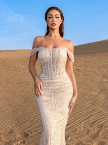 Faeriesty Haute Glamour Stunning Off-The-Shoulder Beaded Mermaid Gown With Adjustable Back Tie & Sequin Embellishments – Perfect For Red Carpet Events, Black-Tie Galas, Formal Dinners, Wedding Receptions, And Evening Balls - Champagne - View 6