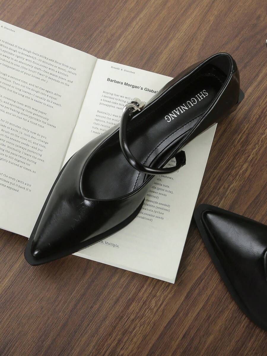 2025 春季新款尖头平底便鞋，优雅简约百搭时尚女鞋，黑色中跟低跟粗跟鞋 - 黑色 - 查看 1