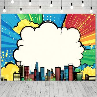 مشهد البطل: خلفية منظر مدينة الأبطال الخارقين - 1 لافتة حفلة من ألياف البوليستر، مثالية لحفلات أعياد الميلاد والمعمودية وغيرها من ديكورات الحفلات المتعددة الوظائف