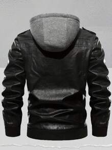 Casual Multi-Pocket Men's PU Leather Jacket, Vintage Motorcycle Leather Jacket With Detachable Hood, Suitable For Autumn/Winter