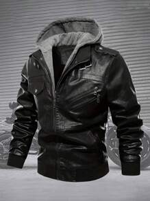 Casual Multi-Pocket Men's PU Leather Jacket, Vintage Motorcycle Leather Jacket With Detachable Hood, Suitable For Autumn/Winter