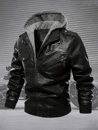 Chaqueta casual con múltiples bolsillos para hombre, chaqueta de motocicleta vintage con capucha desmontable, adecuada para otoño/invierno